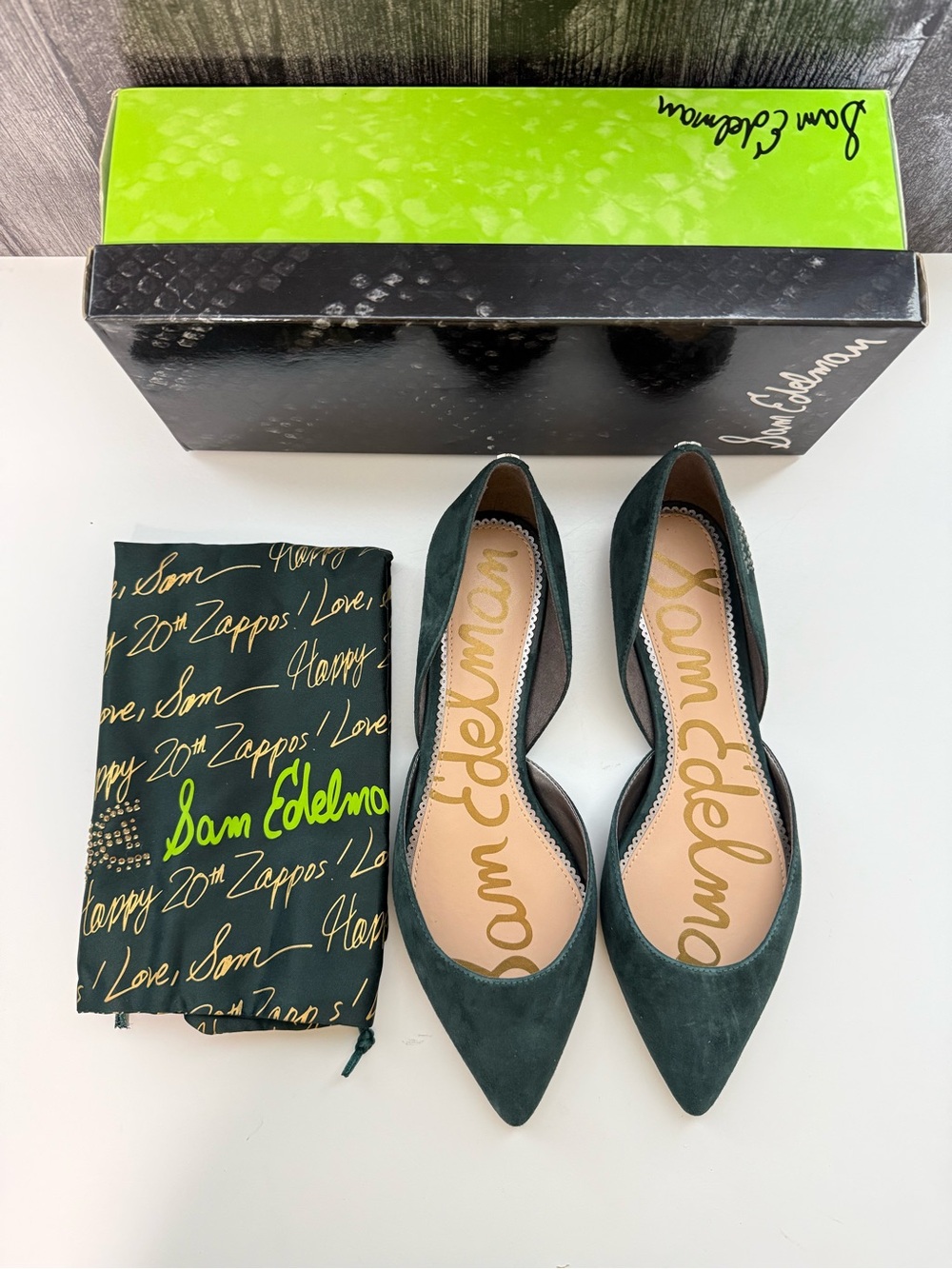 Sam Edelman Dark Green Pointed-Toe D'Orsay Flats, come with Shoes Cover